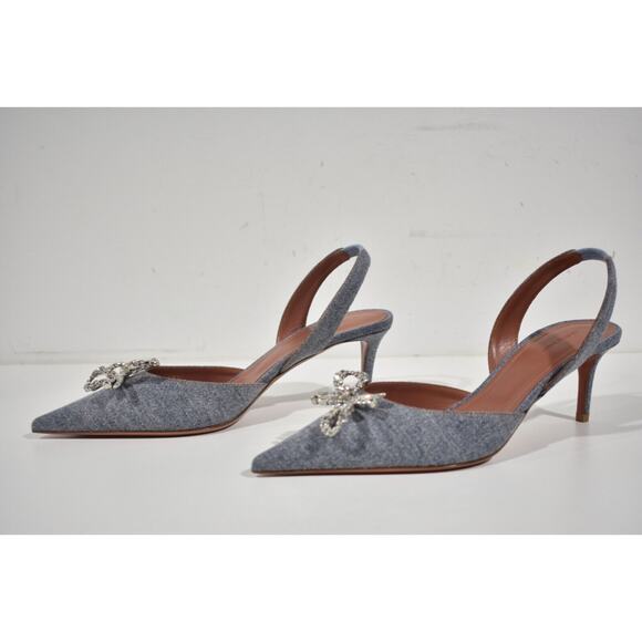 Amina Muaddi Rosie Sling Denim Blue Crystal Bow Slingback Sandal Heel Pump 38.5 - Picture 9 of 11